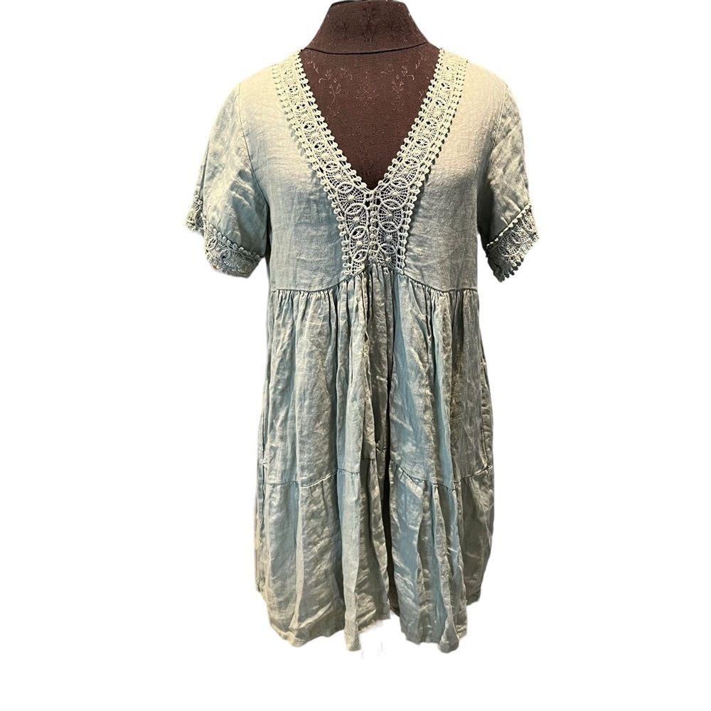 NWT Elena Baldi Sage Linen and Lace Tiered V Neck Babydoll Dress Small New